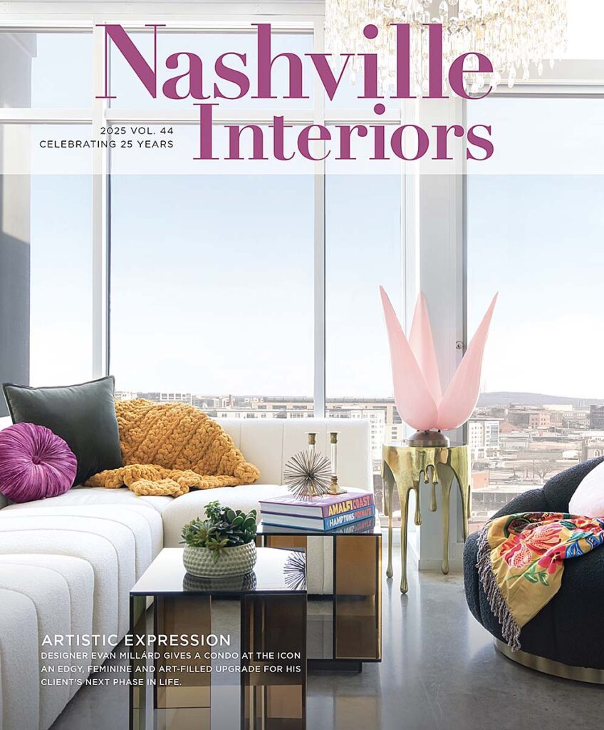 Interior design magazine cover featuring modern living room with city view © Nashville Interiors
