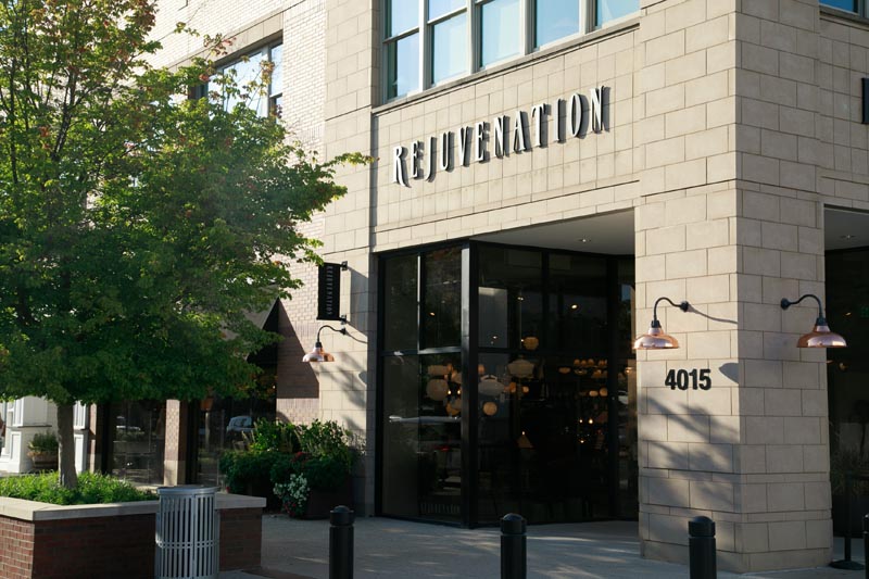 Exterior of Rejuvenation store with brick facade Photo by Nashville Interiors