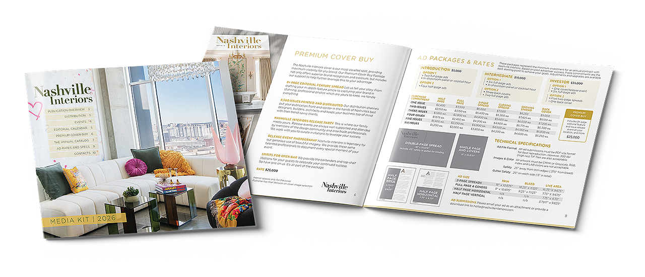 Nashville Interiors media kit with living room photo and rate information Photo by Nashville Interiors