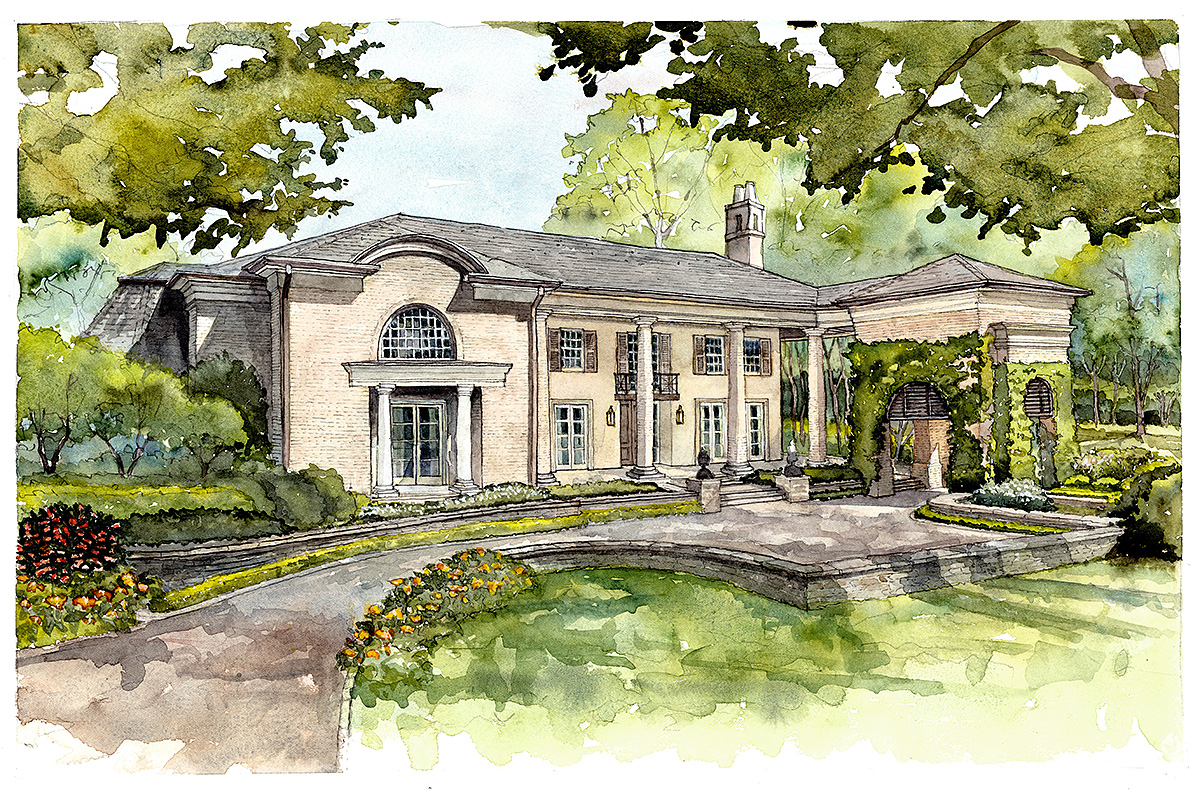Elegant colonial-style mansion with landscaped garden, watercolor painting - Nashville Interiors